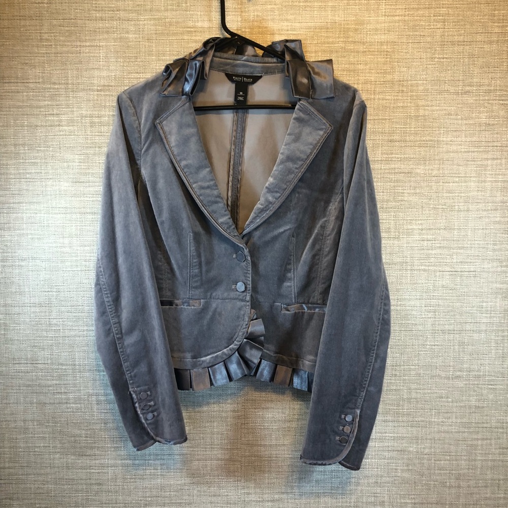 White House Black Market Grey Velvet Blazer Satin Ruffle 10
